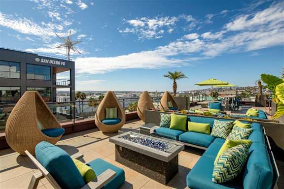 A sunny day at the San Diego FC building with a view of the ocean.