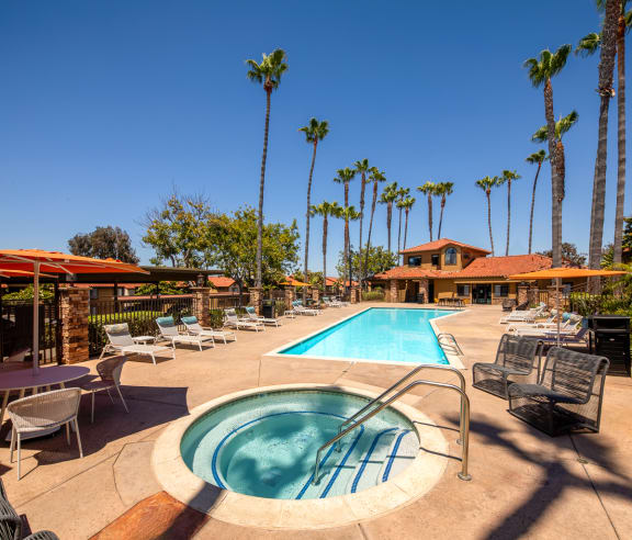 Swimming pool with chairs and tables and palm trees at Bella Terra, Vista, CA, 92081