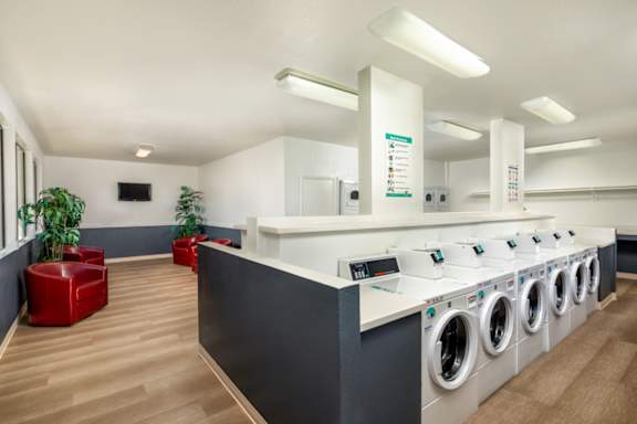 A laundromat with a row of washers and dryers.