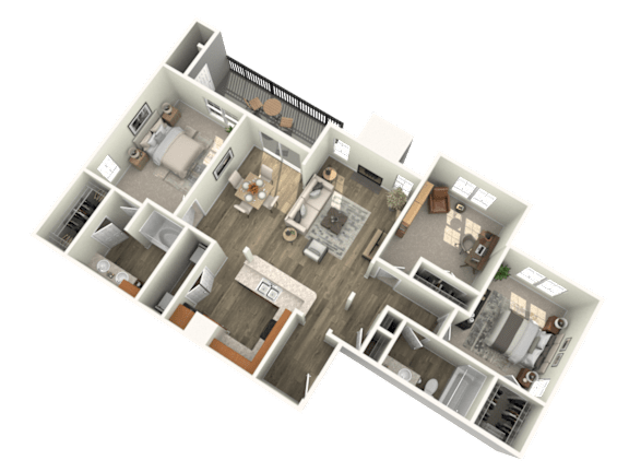 A 3D floor plan of a house with multiple rooms and furniture.