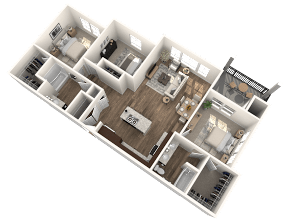 A 3D floor plan of a house with multiple rooms and furniture.