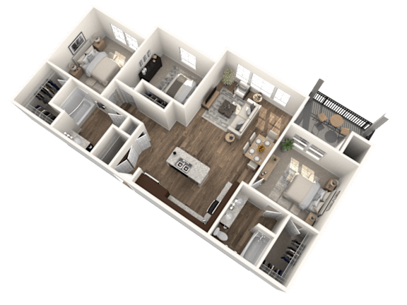 A 3D floor plan of a house with multiple rooms and furniture.