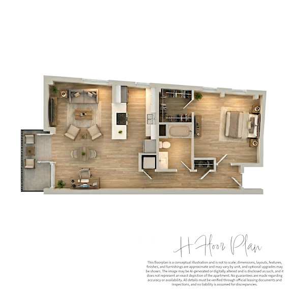 Floor Plan  A floor plan of a house with a kitchen, living room, and bathrooms.