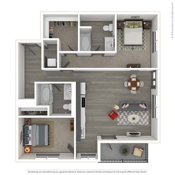 A 3D rendered image of a modern apartment.