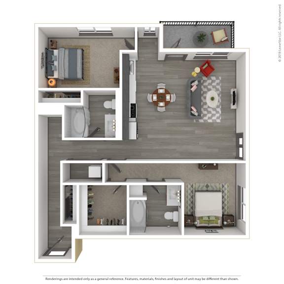 A 3D rendered image of a modern apartment.