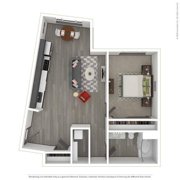 A 3D rendered image of a modern apartment.