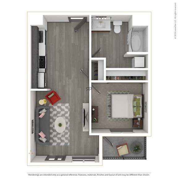 A 3D rendered image of a modern apartment.