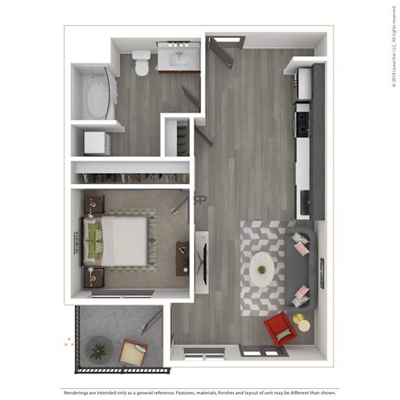 A 3D rendered image of a modern apartment.