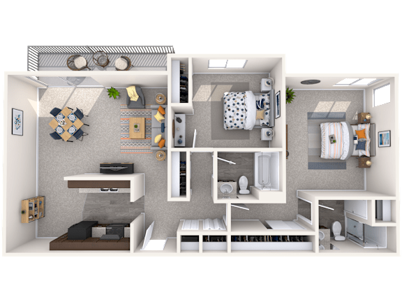 A 3D floor plan of a small apartment with a kitchen, living room, and bathroom.