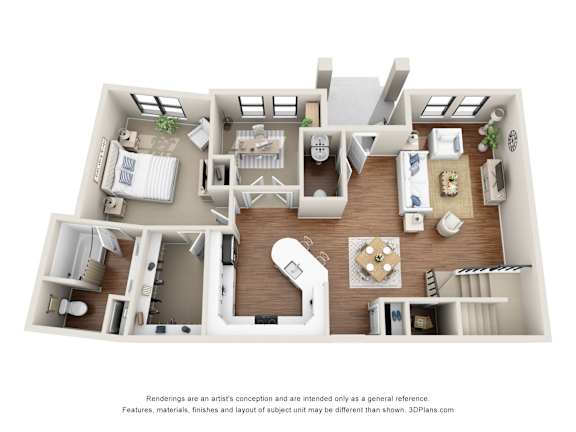 A 3D floor plan of a house with a kitchen, living room, and bedrooms.