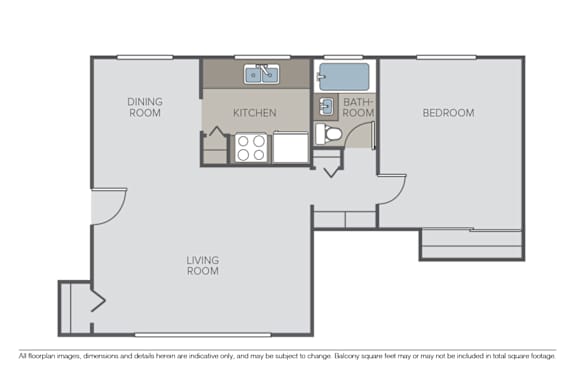 A floor plan of a house with a dining room, kitchen, living room, bathroom and bedroom.
