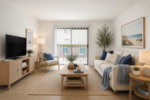 A living room with a television, a chair, a couch, a coffee table, and a plant.