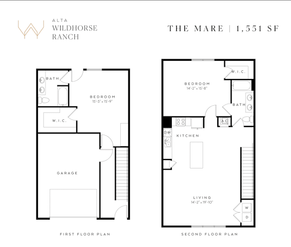 A floor plan for a property at Alta Wildhorse Ranch shows two bedrooms, a garage, a living room, a kitchen, and a bathroom on the first floor.