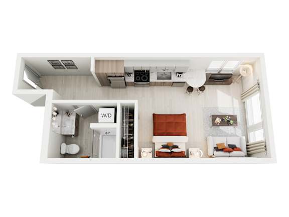 A top-down view of a small apartment with a kitchen, living room, and bathroom.