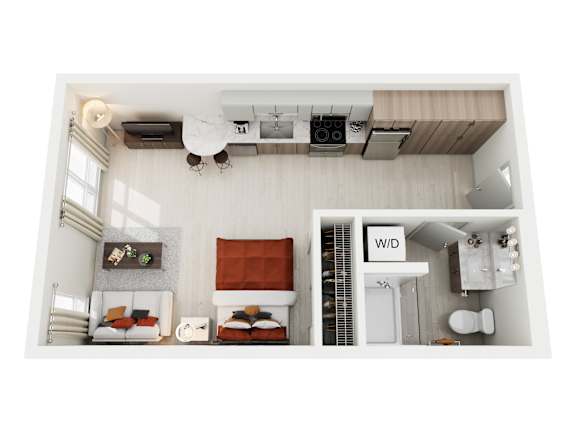 A top-down view of a small apartment with a living room, kitchen, and bathroom.