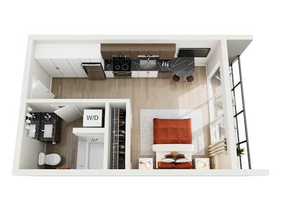 A top down view of a small apartment with a kitchen, living room and bathroom.