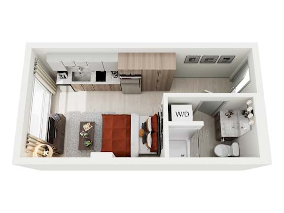 A top down view of a small apartment with a kitchen and living room.