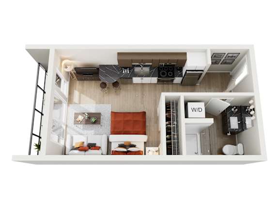 A top down view of a small apartment with a kitchen, living room and bedroom.