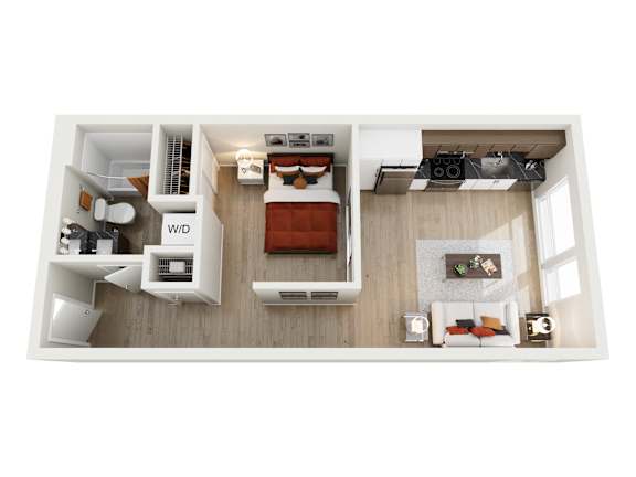A top-down view of a small, neatly organized apartment with a bed, a desk, and a kitchenette.