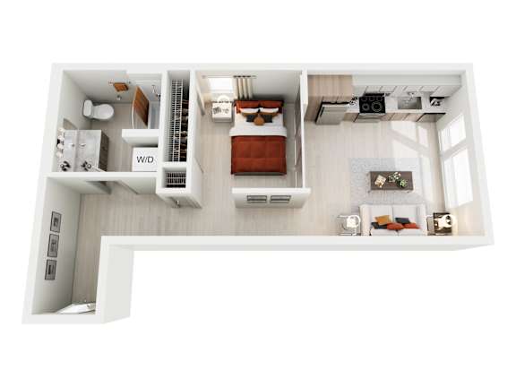A top down view of a small apartment with a kitchen, living room and bedroom.