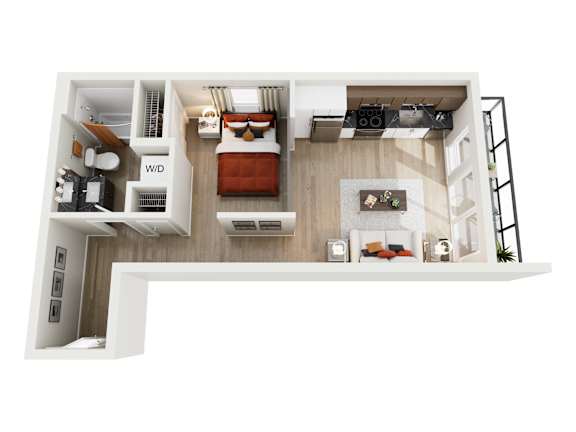 A top down view of a bedroom with a bed, a couch, a desk, and a chair.
