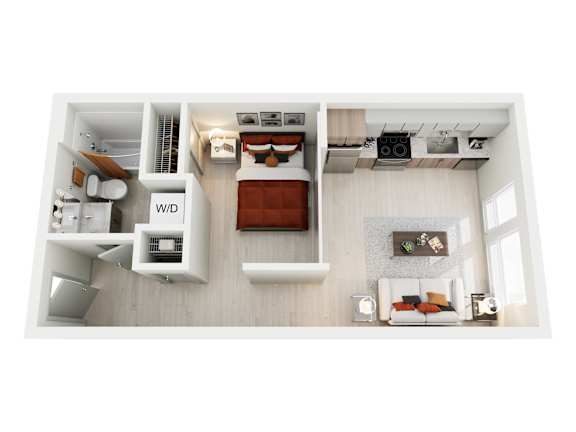 A top-down view of a modern, minimalist bedroom with a bed, a desk, and a couch.