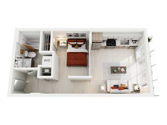 A top-down view of a small apartment with a bed, desk, and kitchenette.