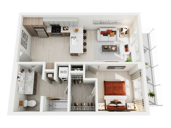 A top down view of a small apartment with a kitchen, living room, and bedroom.
