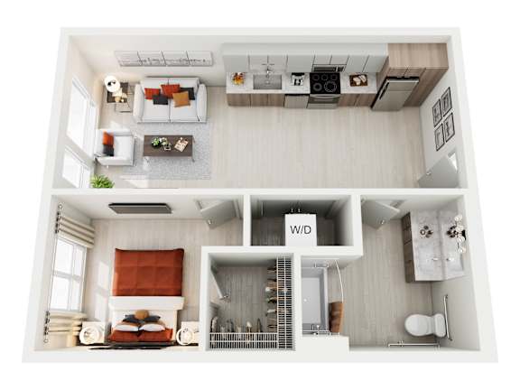 A top-down view of a modern apartment layout with a living room, kitchen, and bathroom.