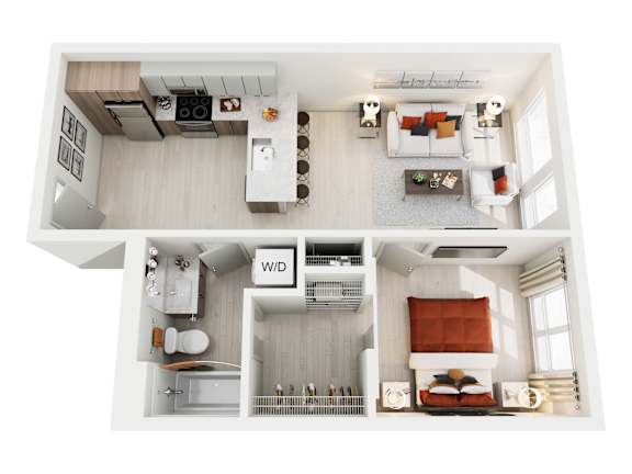 A top-down view of a small apartment with a kitchen, living room, and bedroom.