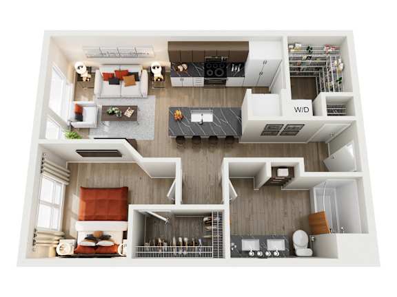 A top-down view of a small apartment with a kitchen, living room, and bathroom.