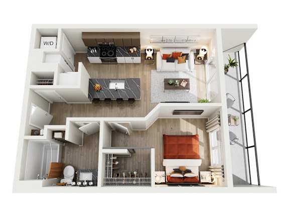 A 3D rendered image of a modern apartment layout.