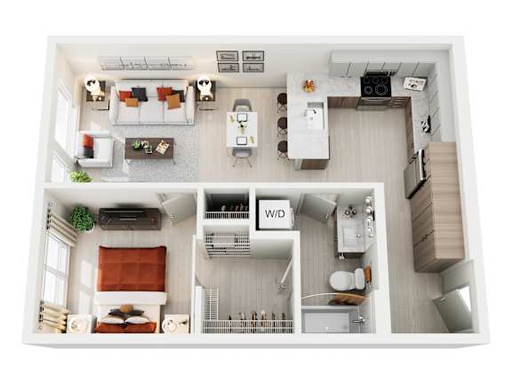 A top-down view of a modern, well-organized apartment with a kitchen, living room, and bathroom.