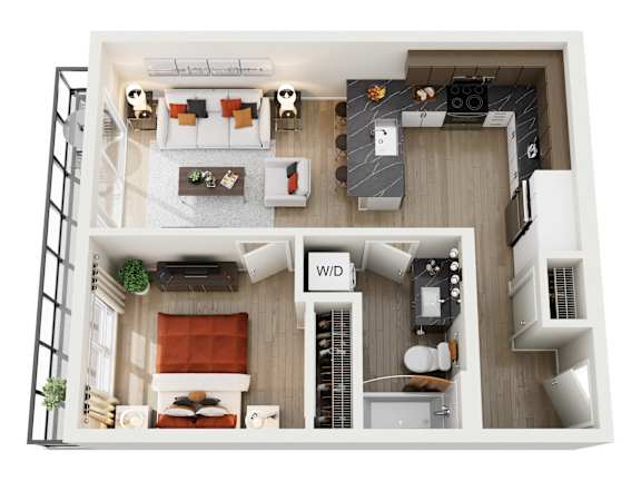 A top-down view of a small apartment layout with a living room, kitchen, and bedroom.