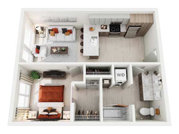 A top-down view of a small apartment with a living room, kitchen, and bathroom.