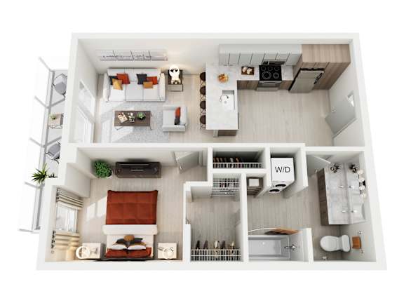 A top-down view of a small apartment with a living room, kitchen, and bathroom.