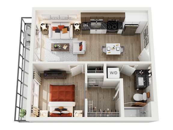 A top down view of a small apartment with a living room, kitchen, and bedroom.