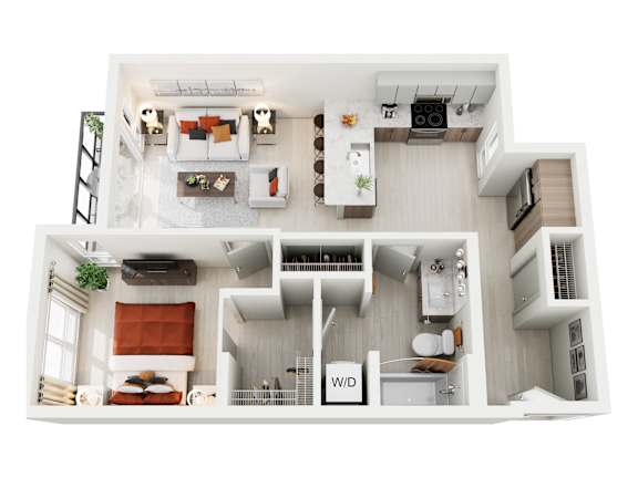 A top-down view of a well-organized kitchen and living room area.