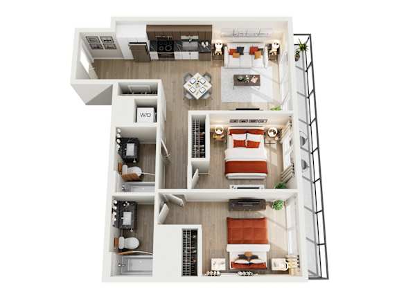 A top-down view of a house interior with a living room, kitchen, dining area, and a workspace.