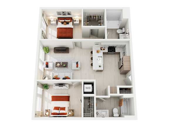 A top-down view of a small, neatly organized apartment with a kitchen, living room, and bedroom.