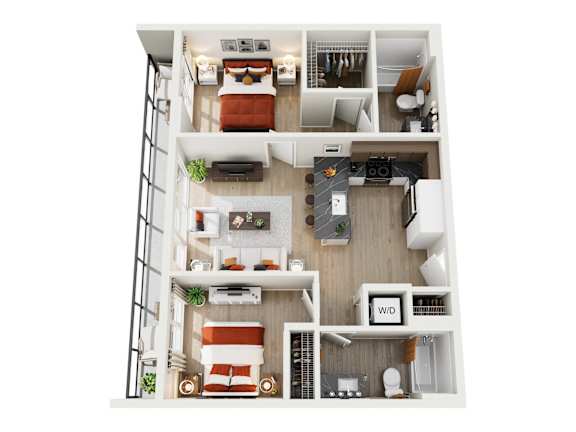 A top-down view of a small apartment with a bed, a couch, a desk, and a kitchenette.