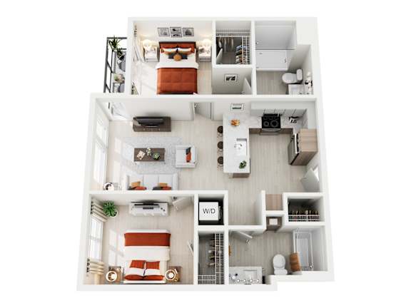 A top-down view of a small apartment with a living room, kitchen, and bedroom.