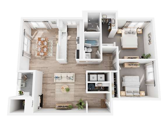 A top-down view of a modern apartment layout with a living room, kitchen, and bedrooms.