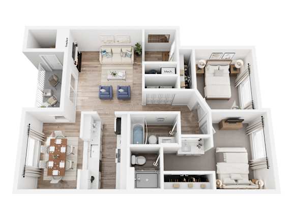A top-down view of a modern apartment layout.