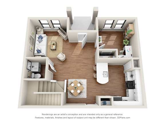 A 3D floor plan of a house with a kitchen, living room, and bedrooms.
