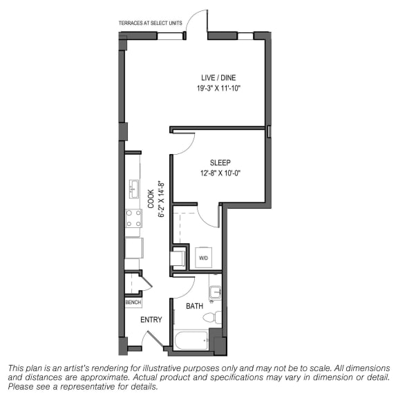 Floor Plan  a floor plan of a unit with a bedroom and a living room