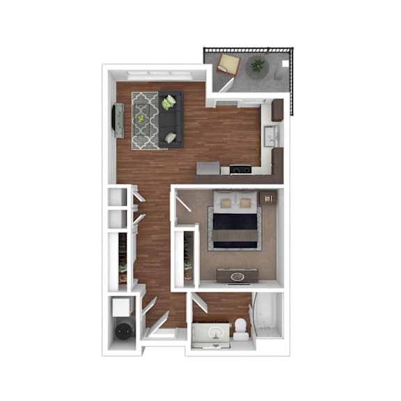 A top-down view of a small apartment with a kitchen, living room, and bathroom.