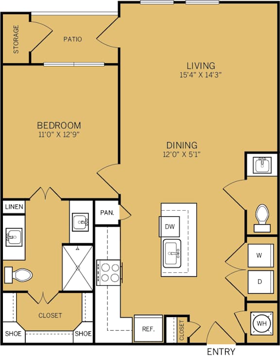 A floor plan of a living space showing a bedroom, dining area, and closet.
