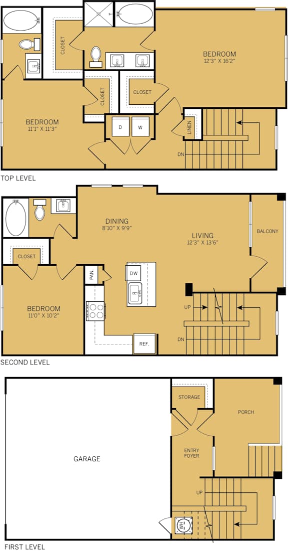 A floor plan of a house with three bedrooms, a garage, a dining room, a living room, a kitchen, a pantry, a storage area, and a bathroom.