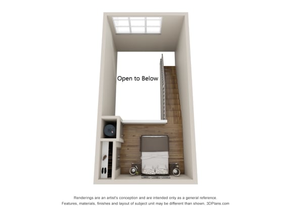 a 3d rendering of a roommates room with the door open